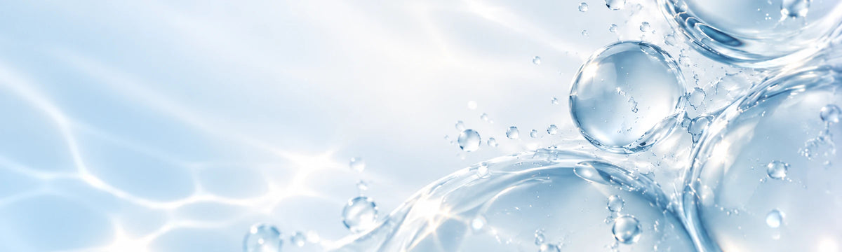 Abstract pale blue water droplets and hydration-inspired bubbles for Jymoor homepage hero
